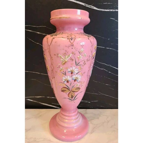 Lg Antique Harrach Bohemian Czech Pink Opaline Overlay Vase Flowers & Bees 14” - Picture 4 of 16